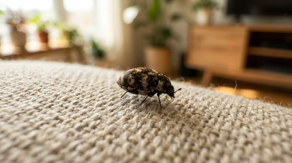 Un anthrène du tapis (coléoptère) posé sur un tissu texturé beige avec un arrière-plan flou.
