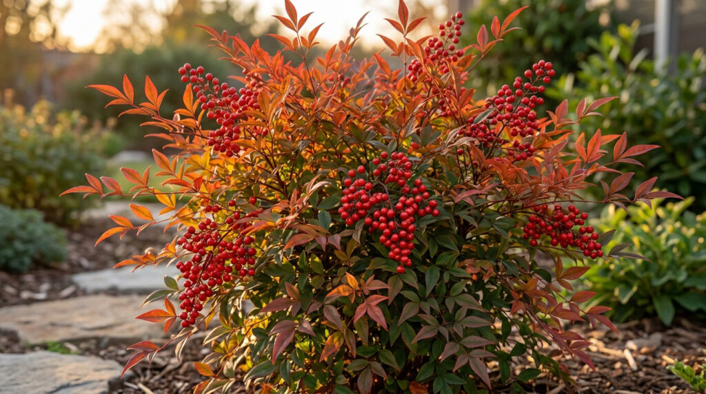 Buisson de Nandina domestica avec des grappes de baies rouges lumineuses et un feuillage aux reflets cuivrés au jardin.