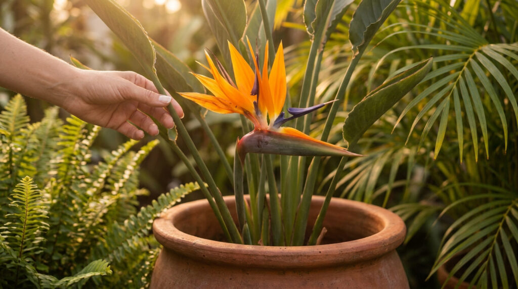 Une main effleure délicatement une fleur d'oiseau du paradis orange et bleue dans un pot en terre cuite.