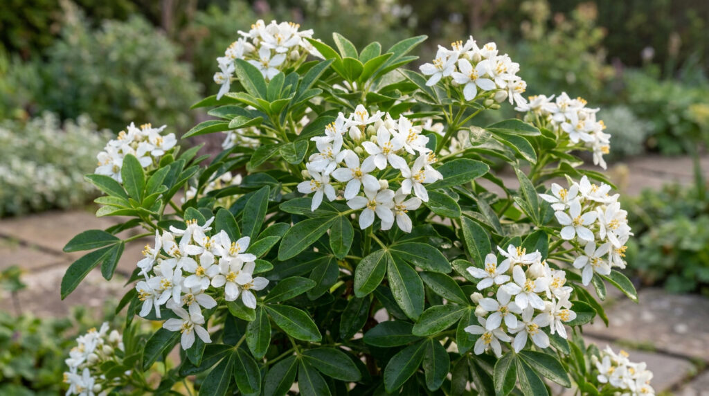 Oranger du Mexique : conseils de plantation et d’entretien Gros plan sur un Oranger du Mexique avec des grappes de fleurs blanches éclatantes et des feuilles vertes luisantes.