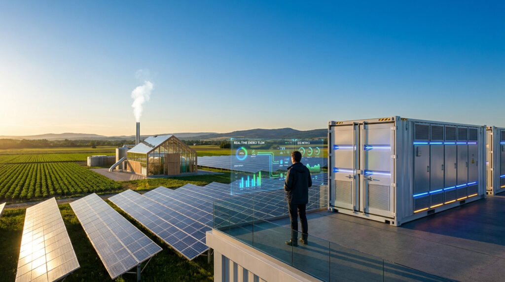 Homme sur un toit, consultant des données holographiques d'énergie et ESG, avec panneaux solaires, stockage et usine verte.