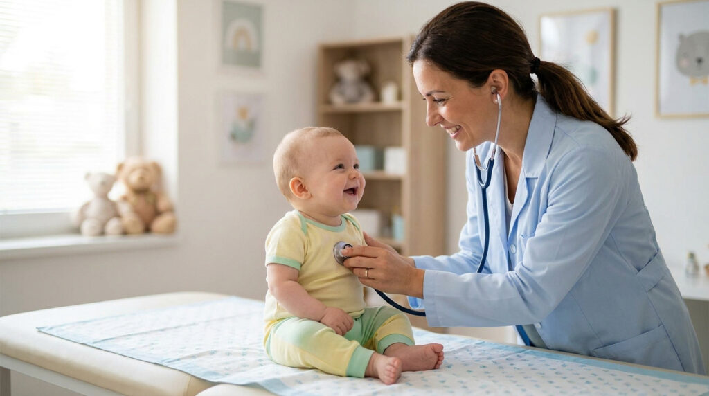 Une pédiatre souriante examine un bébé heureux avec un stéthoscope dans un cabinet médical accueillant.