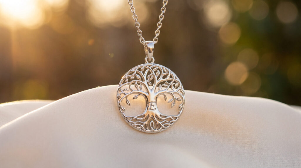 Votre collier arbre de vie argent avec prénom personnalisé Gros plan sur un collier argenté arbre de vie avec un 'E' gravé au centre, posé sur un tissu clair, fond flou et lumineux.