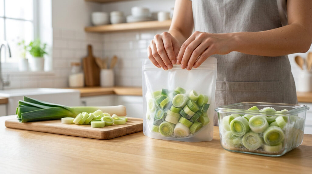 Mains fermant un sac de poireaux coupés pour la congélation. Des poireaux frais et congelés sont visibles sur un comptoir de cuisine.