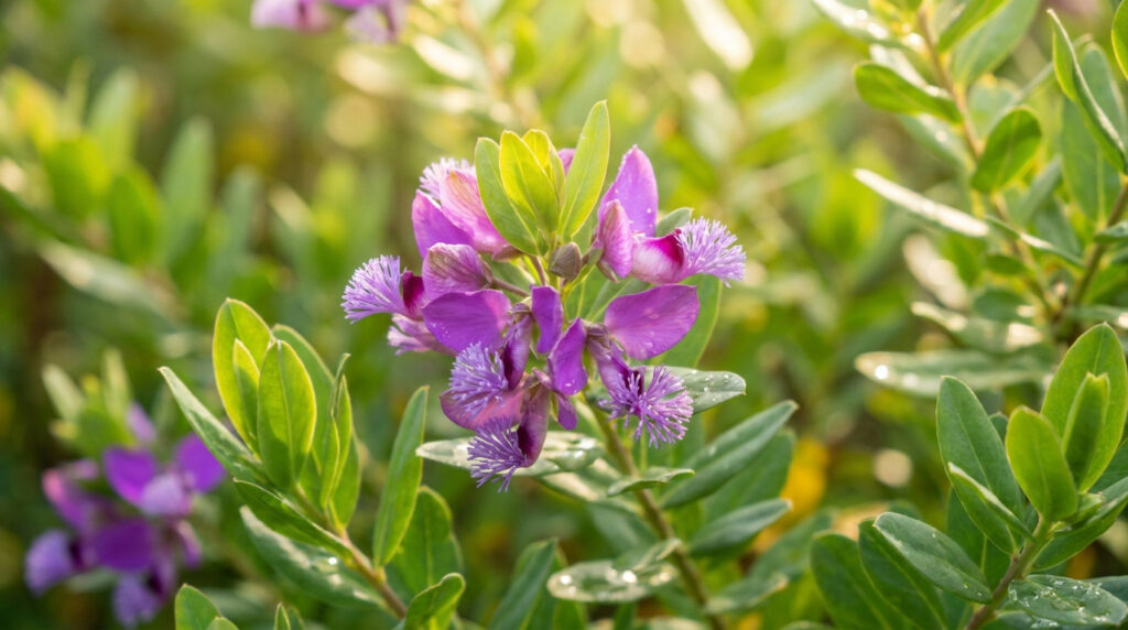 Gros plan sur des fleurs violettes éclatantes de Polygala myrtifolia entourées de feuilles vertes sous la lumière du soleil.