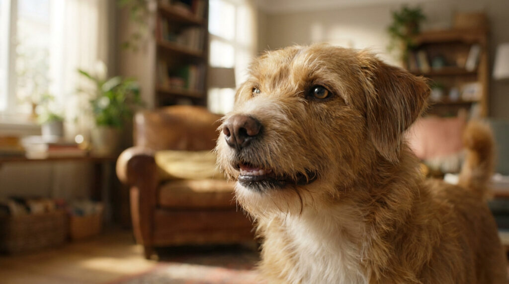 Gros plan d'un chien brun à poil ébouriffé, la gueule légèrement ouverte, regardant attentivement.