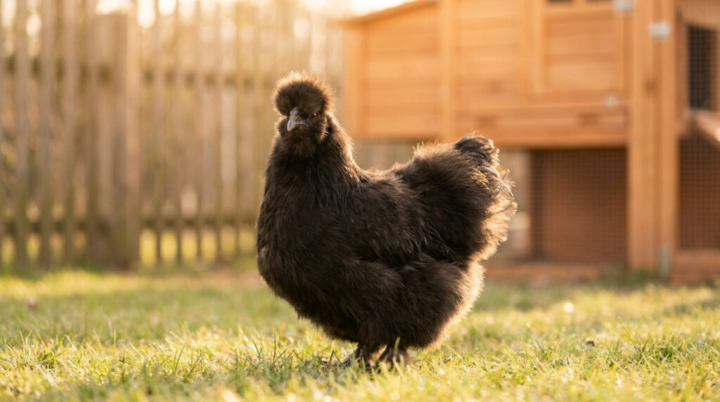 Une poule soie noire au plumage duveteux debout dans une prairie, avec un poulailler en bois en arrière-plan.