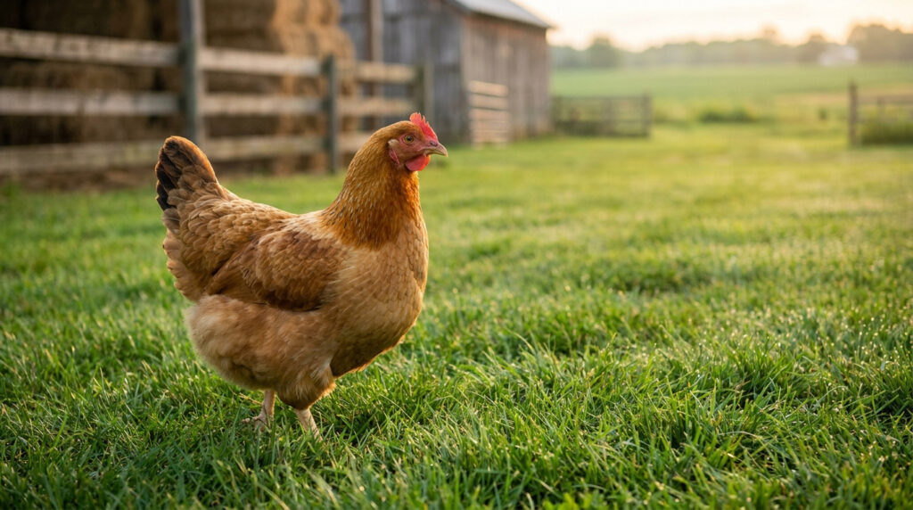 Une poule rousse marchant dans un pré verdoyant devant une grange en bois lors d'une journée ensoleillée.
