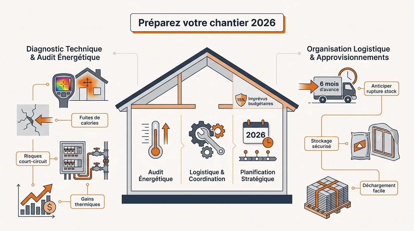 Expert réalisant un audit énergétique avec caméra thermique pour préparer un chantier de rénovation en 2026