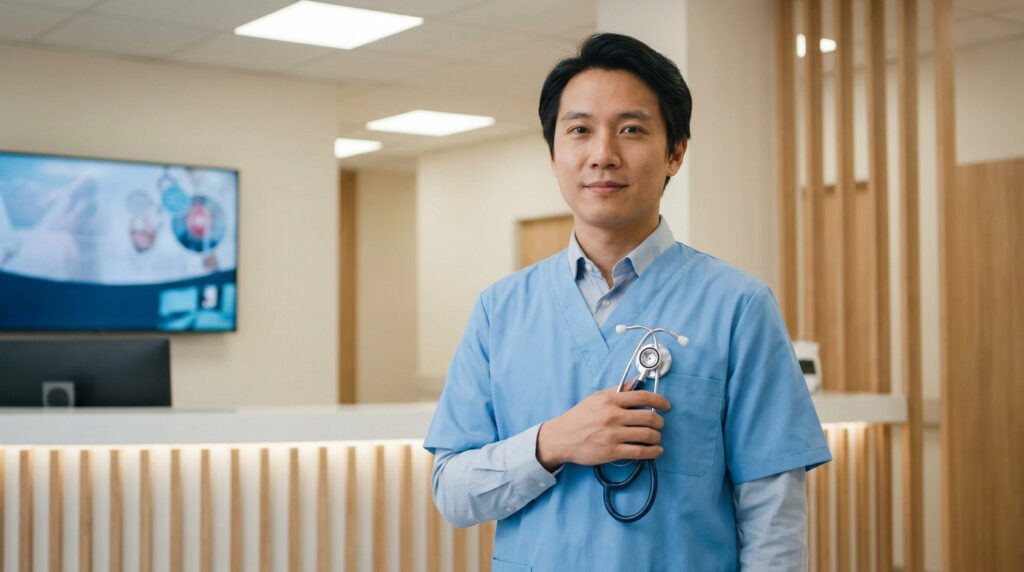 SOS Médecins Beauvais : contact et soins urgents 🩺 Un professionnel de santé asiatique en blouse bleue tient un stéthoscope, souriant dans un hall de clinique moderne avec écran TV.