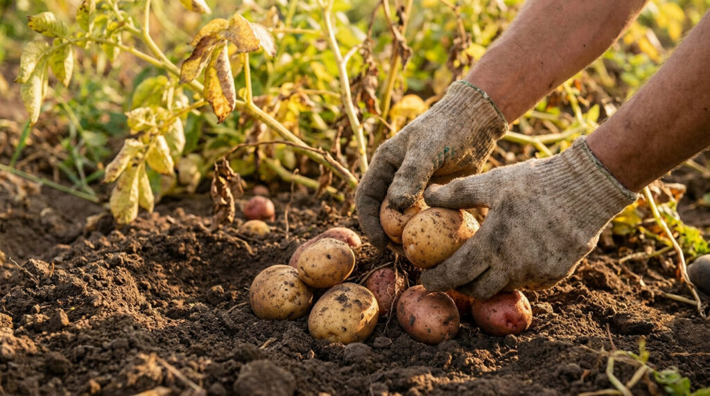 Mains gantées déterrant des pommes de terre fraîches dans un potager ensoleillé.
