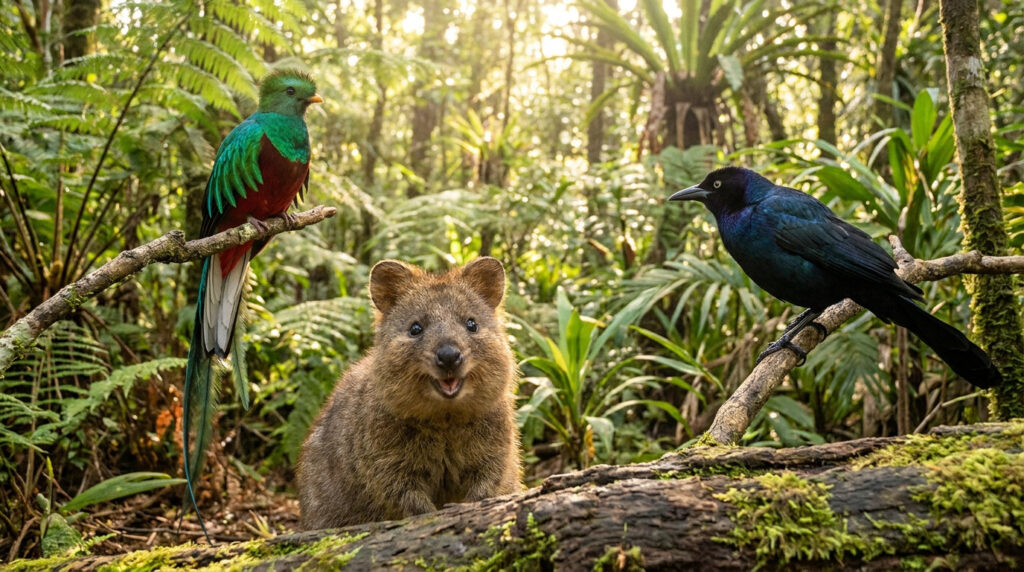 Un quetzal, un quokka souriant et un quiscale perchés dans une forêt tropicale luxuriante, éclairée par le soleil.