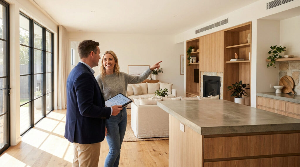 Un professionnel et une cliente discutent d'un projet de rénovation dans un intérieur moderne avec une tablette.