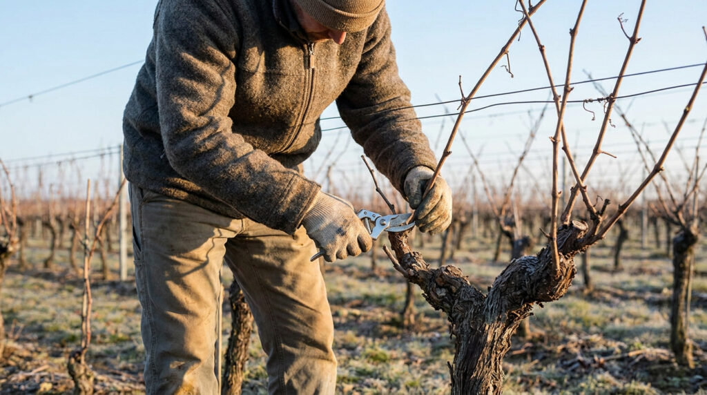 Quand et comment tailler une vigne pour une récolte réussie Un vigneron taille une vigne avec un sécateur dans un vignoble en hiver sous une lumière dorée.