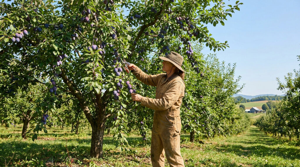 Un jardinier portant un chapeau et une salopette taille un prunier chargé de prunes mûres dans un verger ensoleillé.