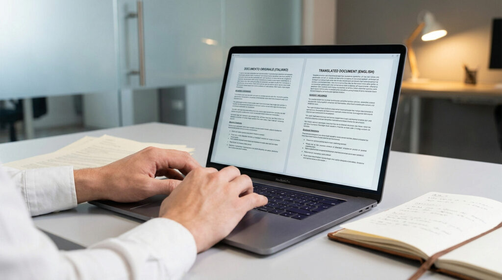 Comment choisir le meilleur italiano inglese traduttore ? Mains sur un ordinateur portable affichant une comparaison de documents en italien et en anglais.