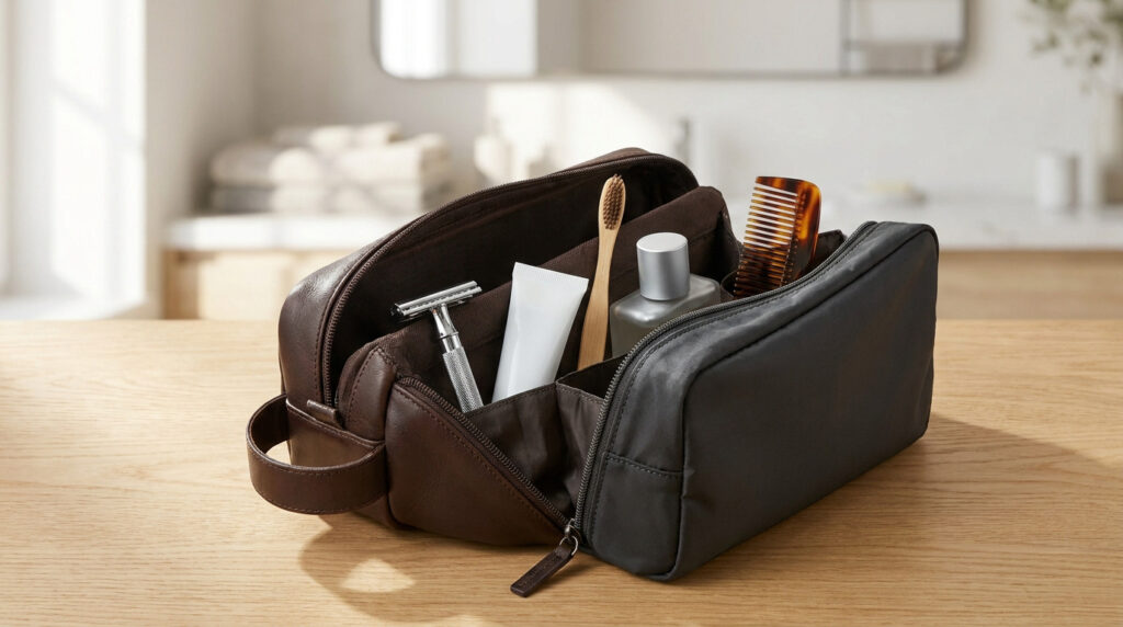 Choisir la trousse de toilette homme idéale : notre guide Trousse de toilette en cuir ouverte avec des accessoires de rasage, une brosse à dents et un peigne sur une table en bois.