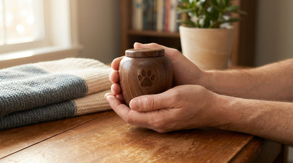 Chien mort et prix vétérinaire : tarifs et obsèques en 2026 Mains d'une personne tenant délicatement une urne cinéraire en bois avec une empreinte de patte, symbolisant le souvenir d'un animal.