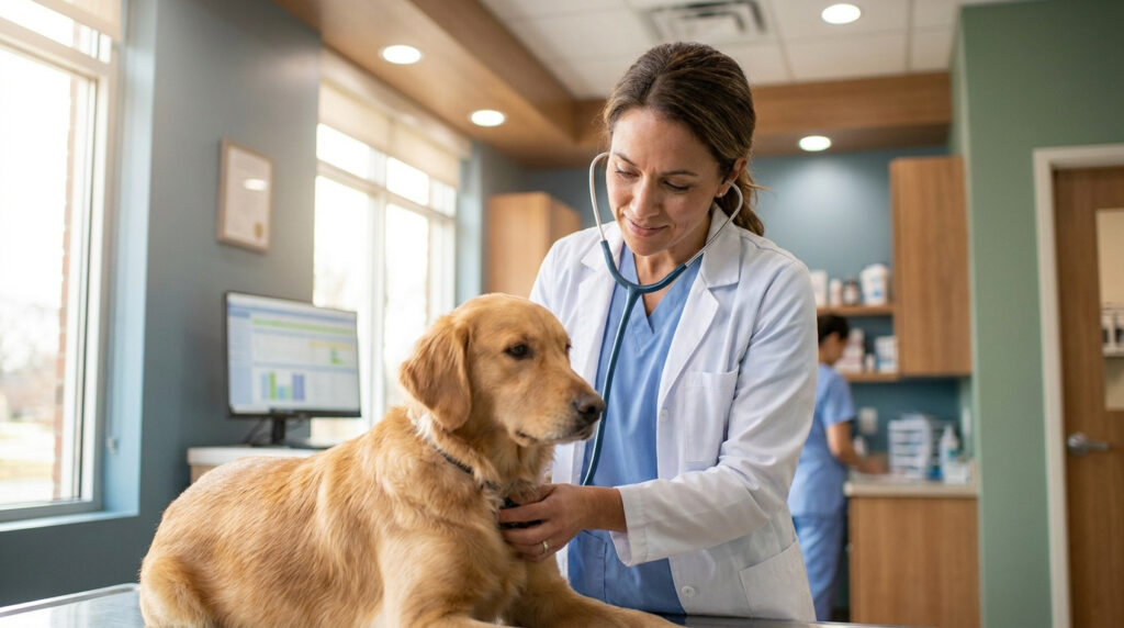 Une vétérinaire examine un golden retriever calme avec un stéthoscope dans une clinique moderne.