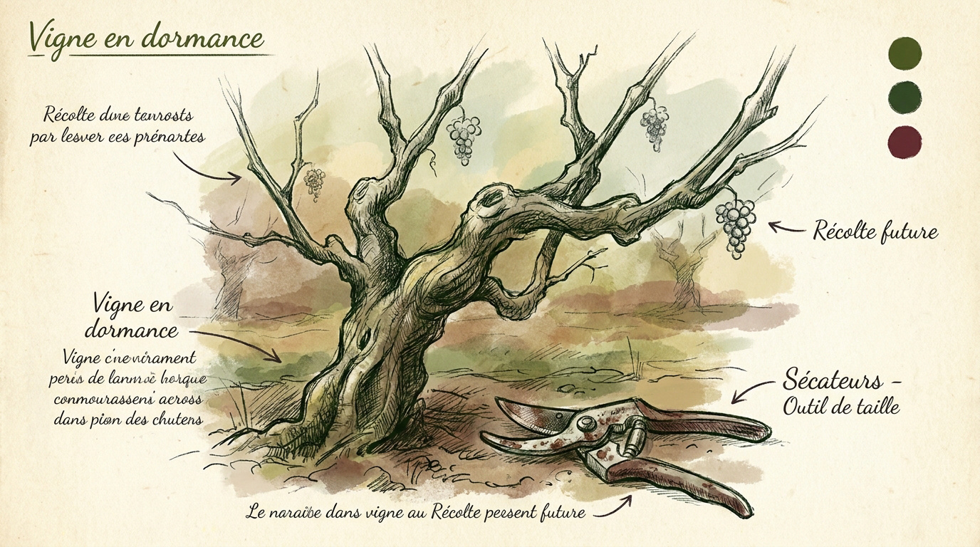 Croquis technique d'un pied de vigne en dormance montrant les points de taille