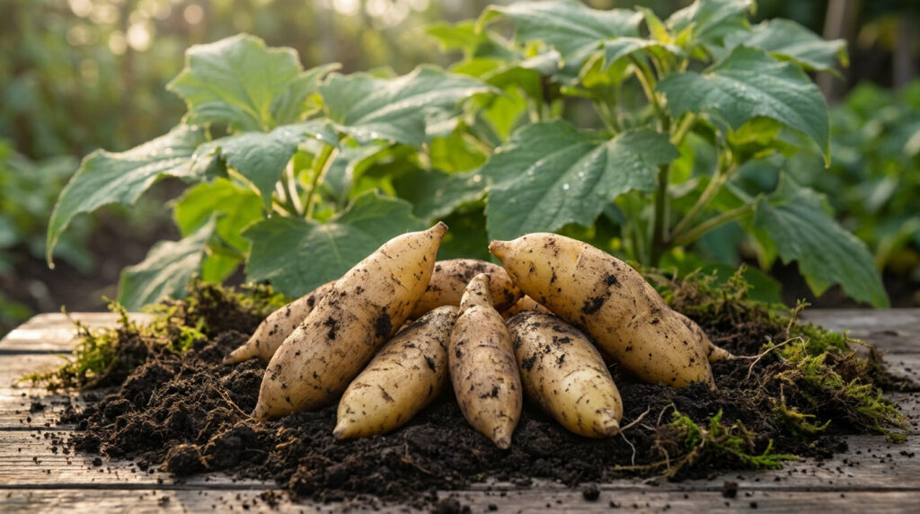Tout savoir sur la poire de terre : culture et bienfaits Plusieurs poires de terre terreuses disposées sur une planche en bois devant un plant feuillu.