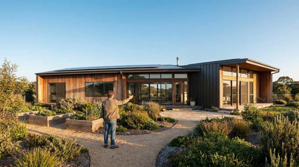 Un homme désigne une maison moderne avec panneaux solaires entourée d'un jardin paysager avec des potagers.