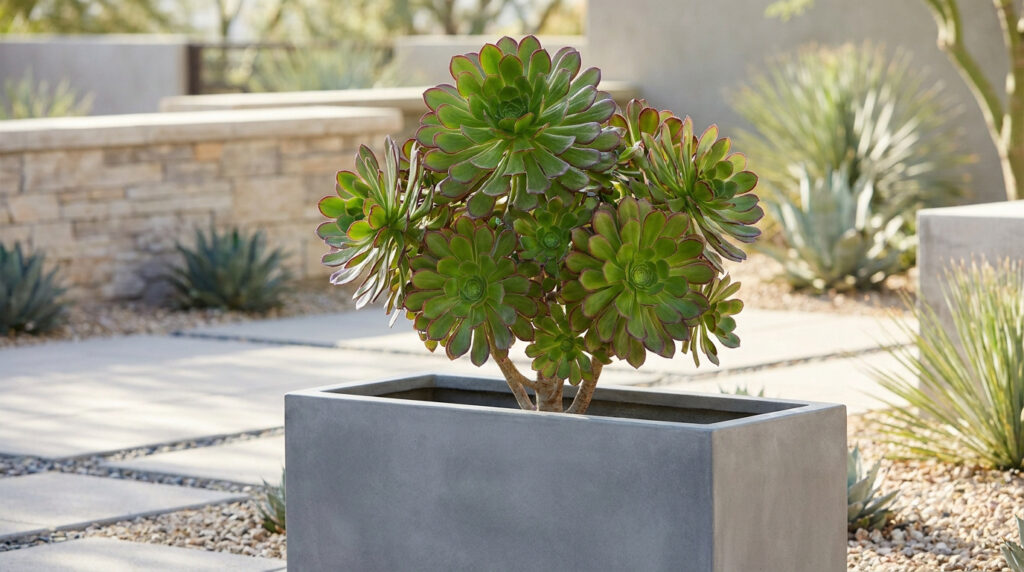 Comment cultiver le tree aeonium pour un jardin graphique Un Aeonium arboreum aux feuilles vertes en rosette planté dans un grand bac rectangulaire en béton gris.