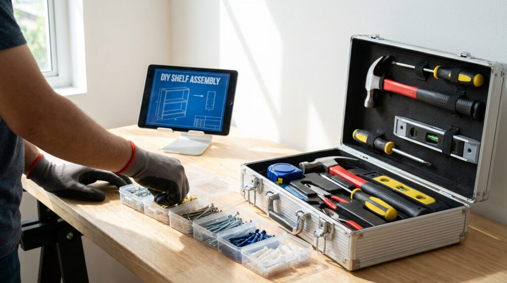 Un bricoleur trie des vis devant une tablette affichant un plan de montage sur une table avec une boîte à outils.