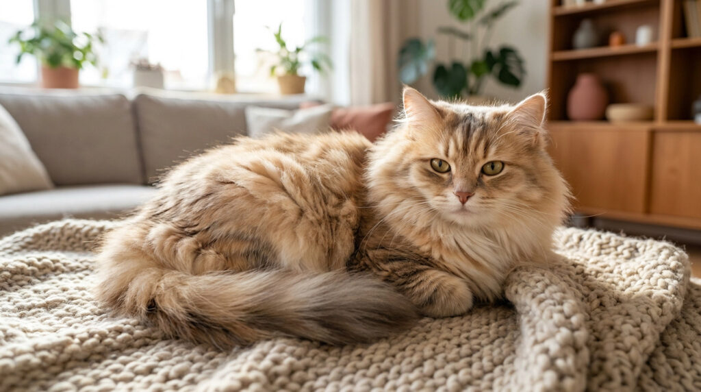 Un magnifique chat Sibérien au pelage doré couché confortablement sur une couverture en grosse maille dans un salon.