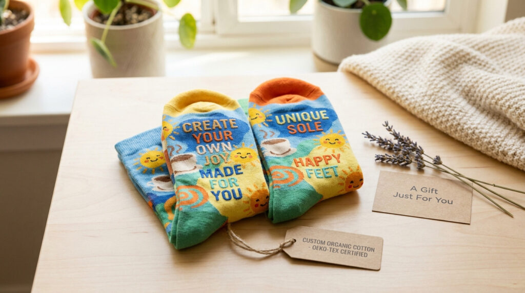 Créez votre chaussette personnalisée unique et durable Paire de chaussettes personnalisées colorées posées sur une table en bois avec une étiquette et des fleurs de lavande.