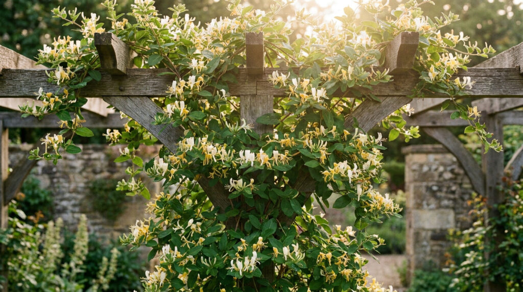 Chèvrefeuille japonais aux fleurs délicates grimpant sur une structure en bois dans un jardin ensoleillé.