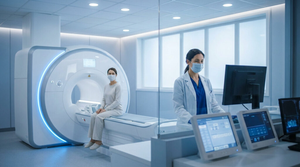 Radiologie à Annemasse : vos examens et rendez-vous Une patiente assise devant une machine IRM pendant qu'une radiologue contrôle l'examen depuis une salle de commande.