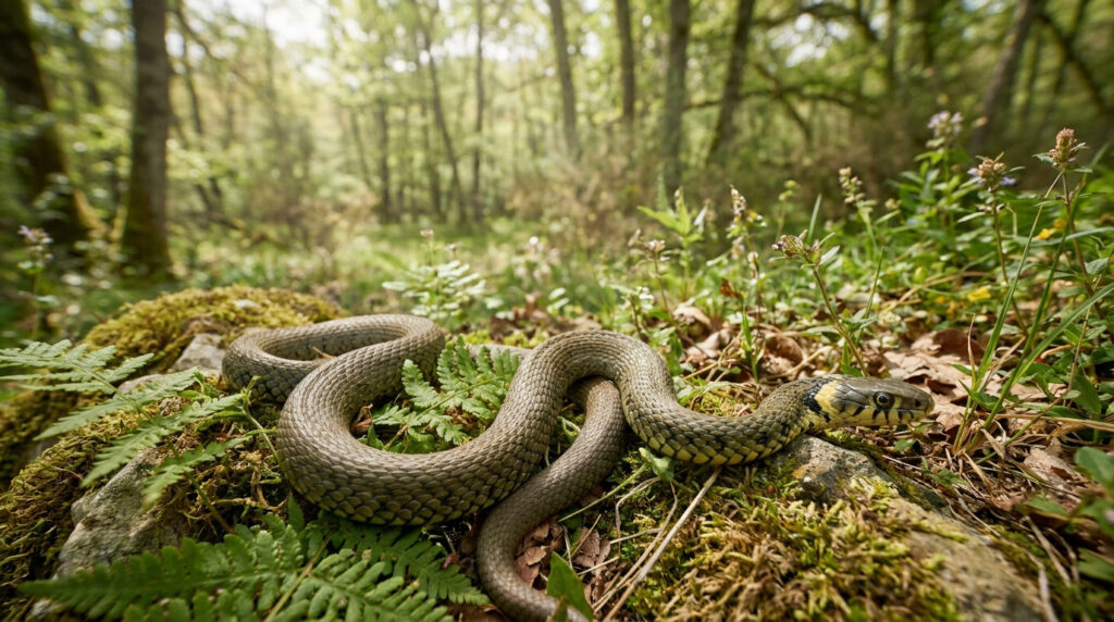 Une couleuvre à collier au corps gris-vert serpentant parmi la mousse, les fougères et les rochers en forêt.