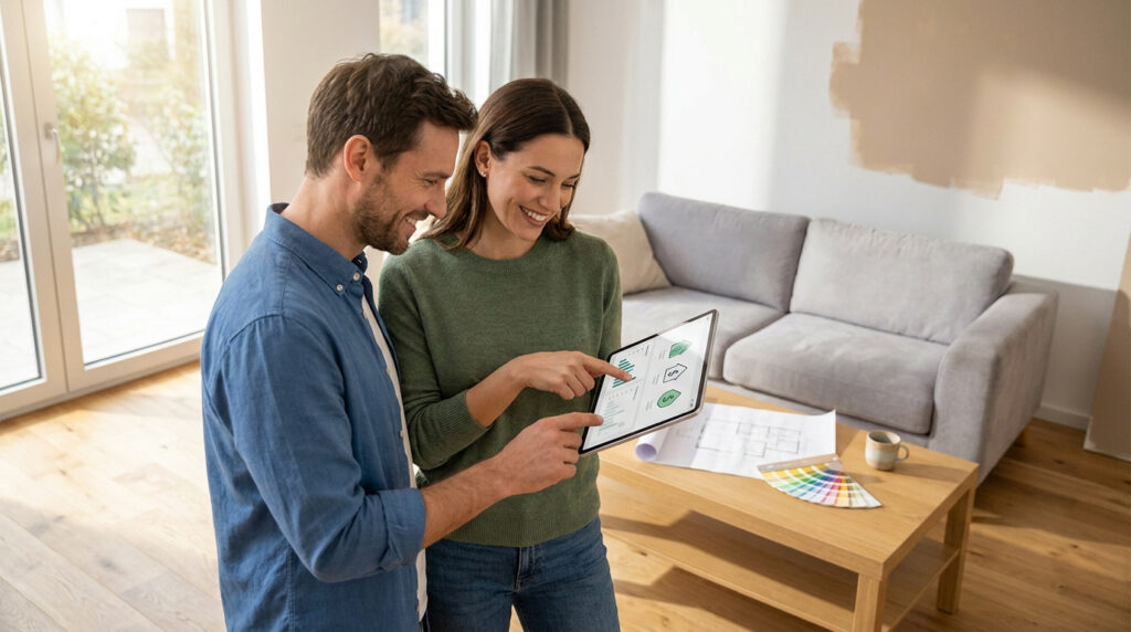 Gospi.fr site infos : votre allié pour réussir vos travaux Un couple souriant regarde des graphiques de budget de rénovation sur une tablette numérique dans leur salon.