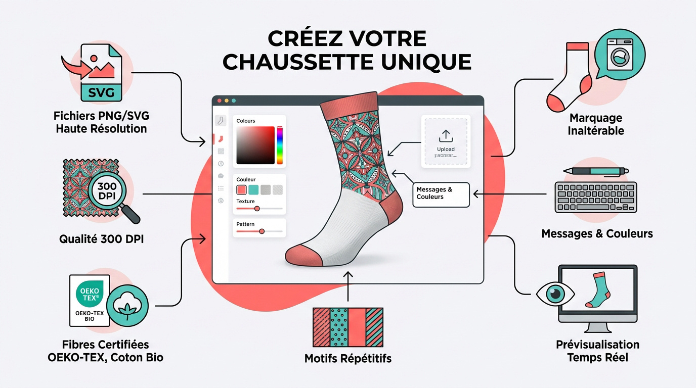 Infographie expliquant les étapes de création d'une chaussette personnalisée de qualité