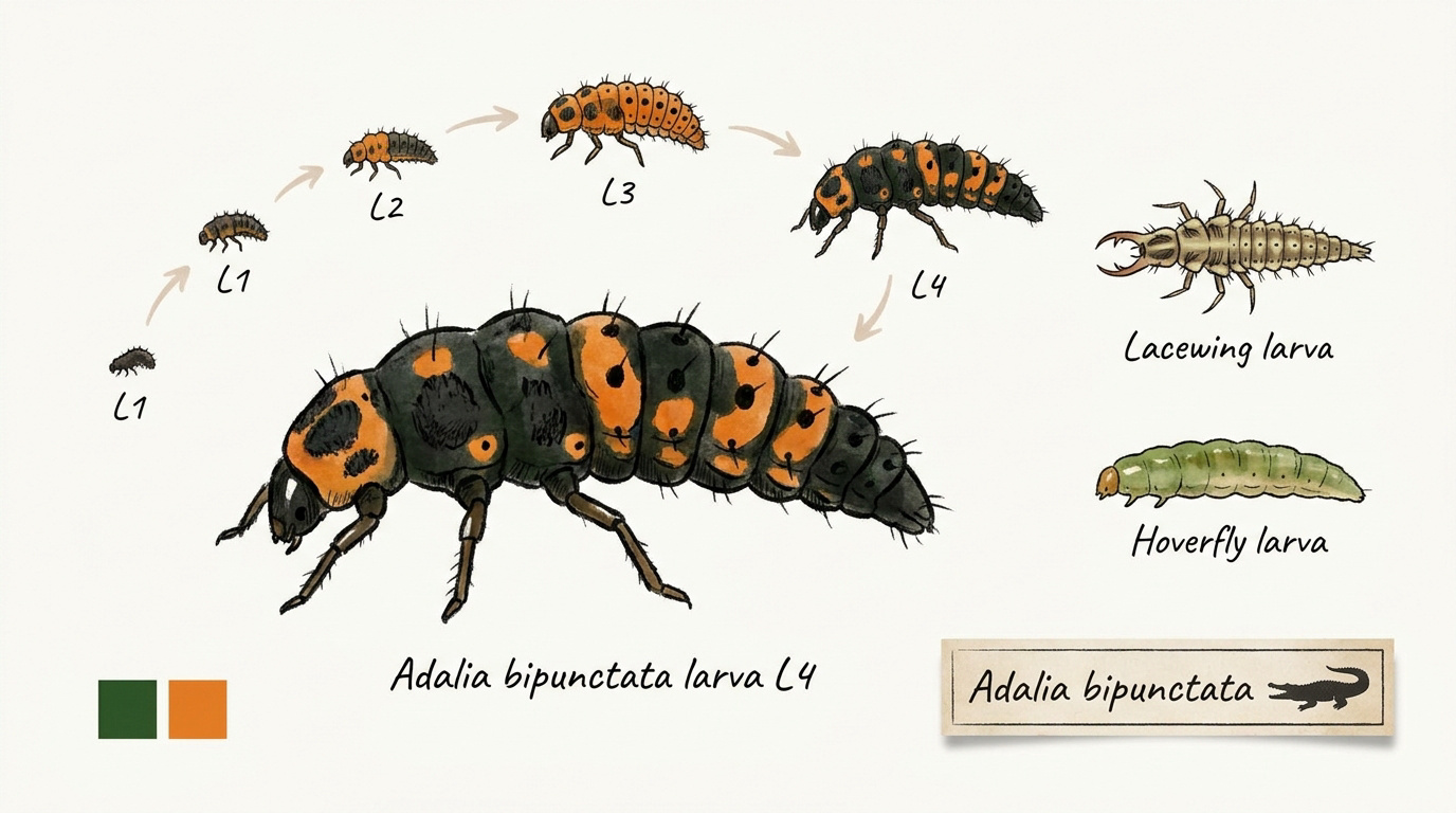 Schéma du cycle de vie de la larve de coccinelle Adalia bipunctata passant par les stades L1 à L4