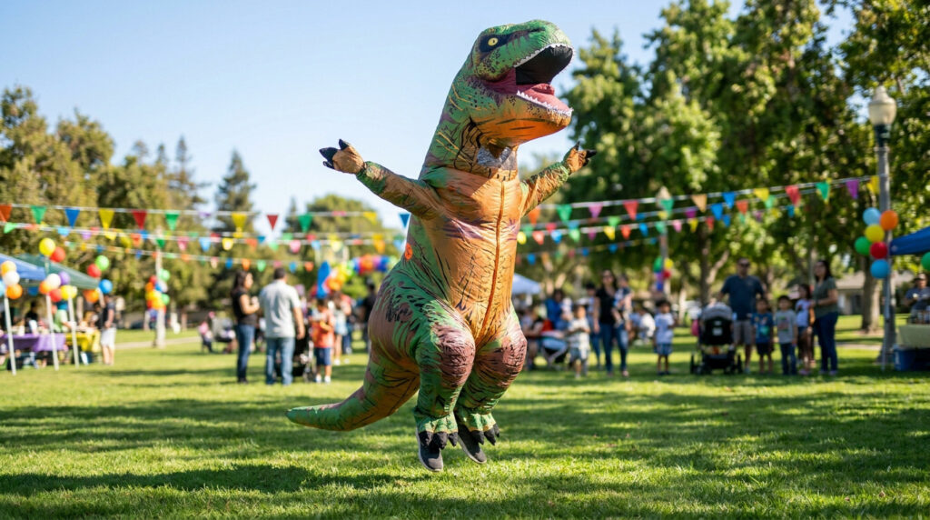 Une personne portant un costume de dinosaure T-Rex gonflable sautant au milieu d'un parc festif.