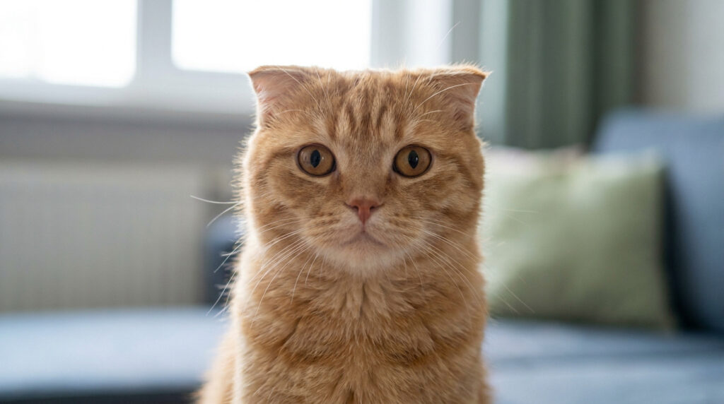 Chat trisomique : entre mythe populaire et réalité médicale Portrait frontal en gros plan d'un chat Scottish Fold roux aux oreilles repliées, regardant l'objectif.