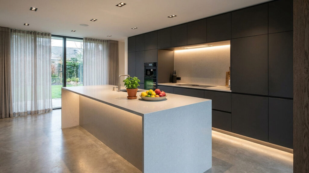 Tyko cuisine : l’art du sur-mesure français et durable Cuisine contemporaine avec îlot en quartz blanc, meubles gris foncé, éclairage LED intégré et vue sur jardin.