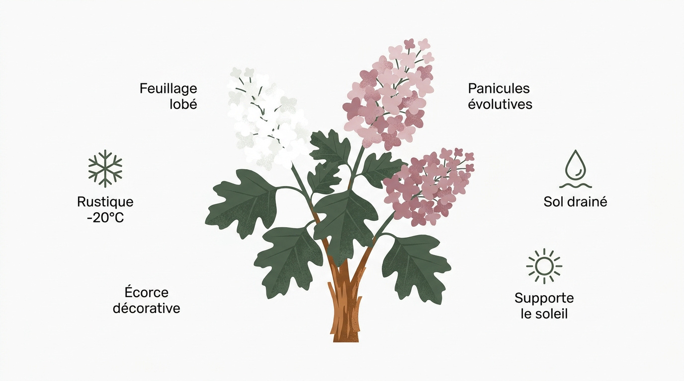 Détails du feuillage et de la floraison de l'Hydrangea quercifolia