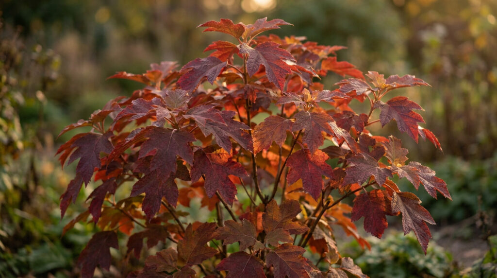 Hydrangea quercifolia : l’atout charme de votre jardin Hydrangea quercifolia avec des feuilles rouge vif en automne sous une lumière douce.