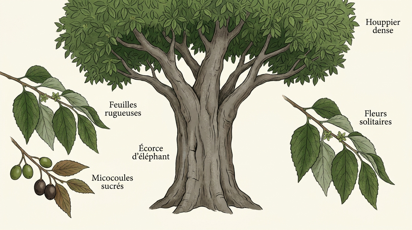 Illustration botanique du Celtis australis montrant les feuilles et les fruits