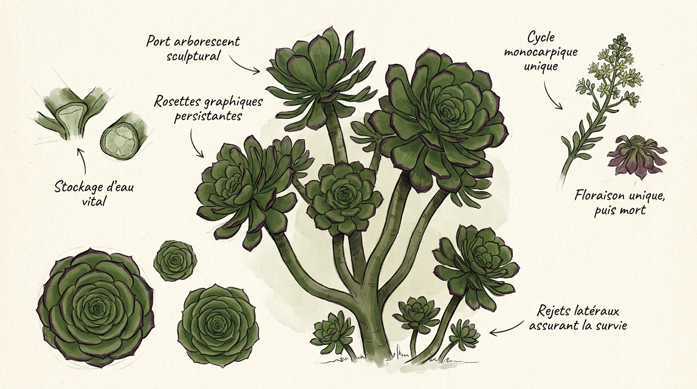 Illustration botanique d'un Aeonium arboreum avec ses rosettes caractéristiques