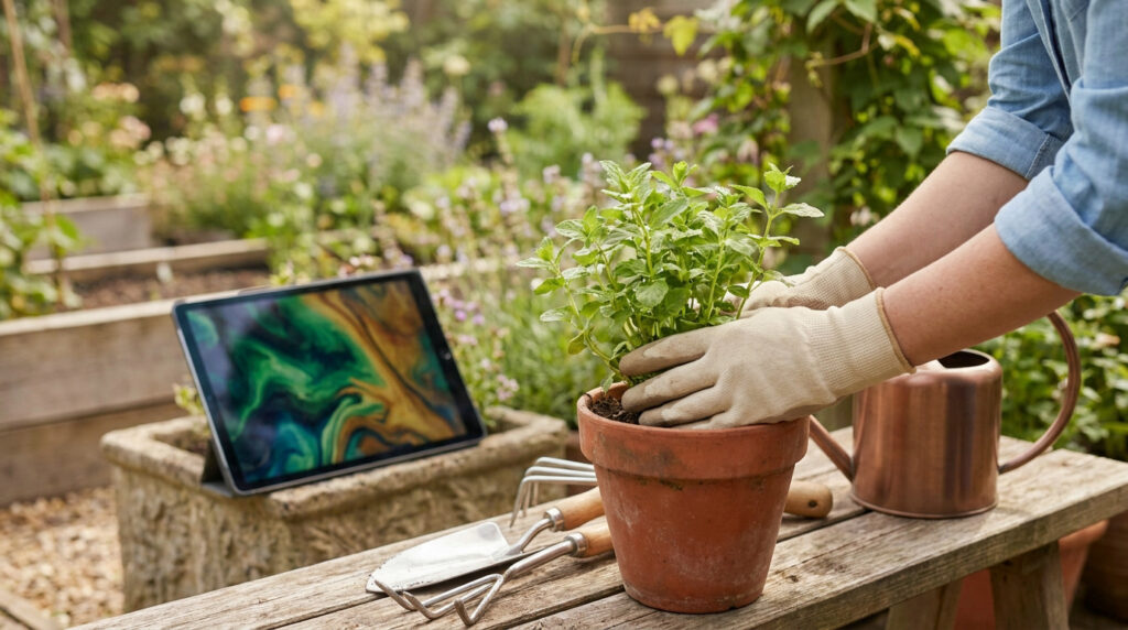 Tout savoir sur shockgarden.com : fiabilité et conseils Une personne gantée rempote une plante dans un pot en terre cuite sur une table de jardin avec une tablette à côté.