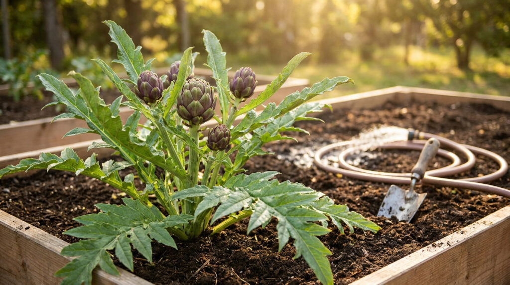 Jeune plant d'artichaut avec des boutons floraux dans un carré potager en bois au coucher du soleil.