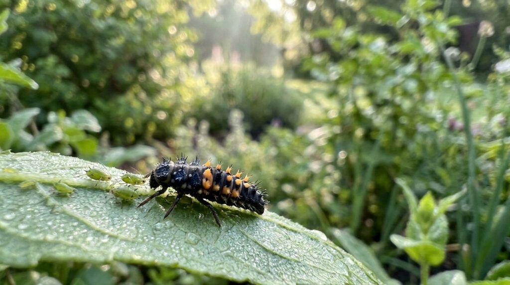 Larve de coccinelle : identifiez et utilisez cet allié Larve de coccinelle noire et orange dévorant des pucerons sur une feuille verte humide sous une lumière douce.