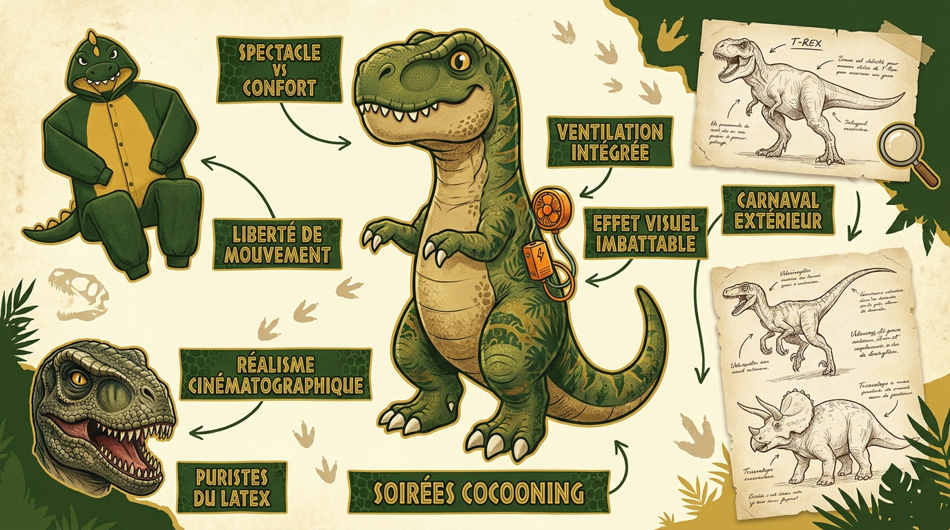 Comparaison entre un déguisement de dinosaure gonflable imposant et une combinaison onesie confortable en peluche