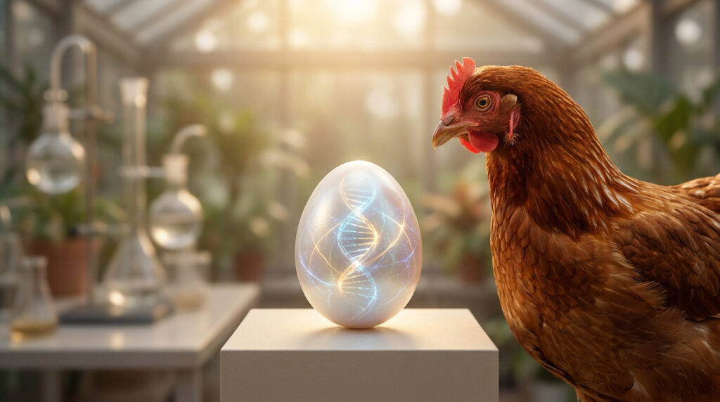 Une poule regarde un œuf brillant contenant une double hélice d'ADN dans un laboratoire éclairé par le soleil.