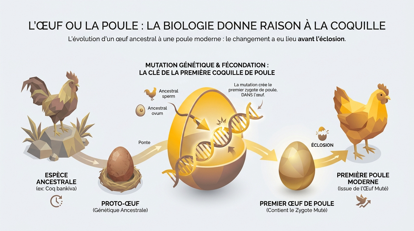 Illustration scientifique montrant l'évolution de l'œuf vers la première poule domestique