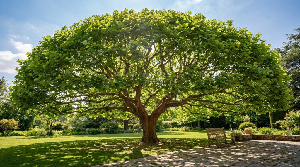 Un grand mûrier platane offrant une ombre naturelle au-dessus d'un banc dans un jardin ensoleillé.